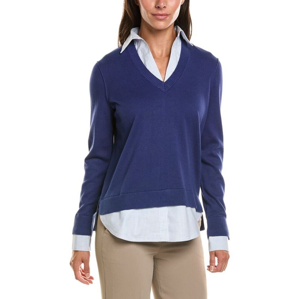 Brooks Brothers Womens  Woven Shirt Combo Sweater, Blue